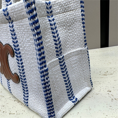 Celine Small Cabas Thais In Striped Textile And Calfskin Blue/White