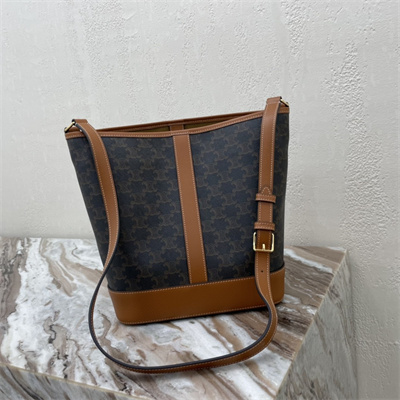 Celine Medium Bucket In Triomphe Canvas And Calfskin Tan