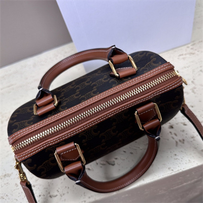 Celine Small Boston Bag In Triomphe Canvas and Calfskin Tan