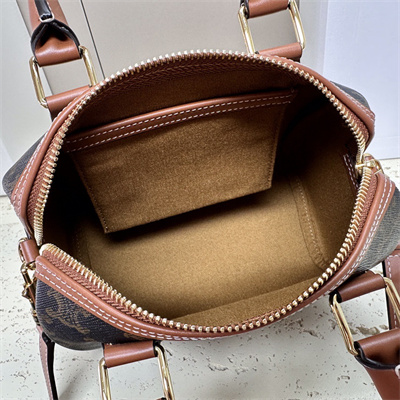 Celine Small Boston Bag In Triomphe Canvas and Calfskin Tan