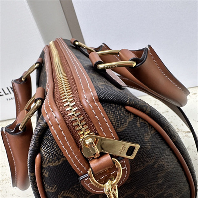 Celine Small Boston Bag In Triomphe Canvas and Calfskin Tan