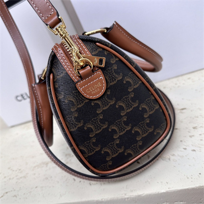 Celine Small Boston Bag In Triomphe Canvas and Calfskin Tan