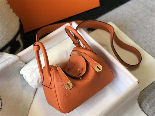Lindy Mini Bag Calfskin Leather Gold/Silver Tone Metal In Feu Orange Color