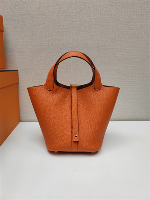 Picotin Lock Bag Togo Leather 18/22CM Gold/Silver Tone Metal In Orange Color HS