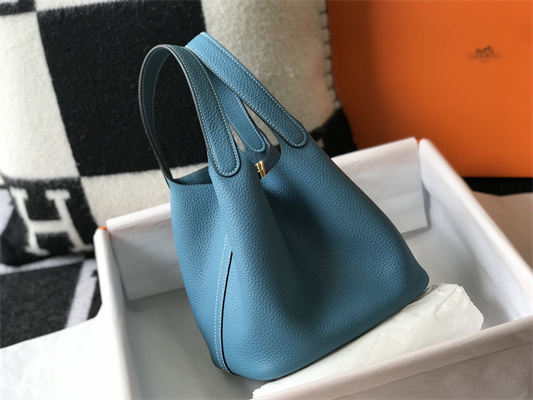 Picotin Lock Bag Togo Leather 18/22CM Gold/Silver Tone Metal In Blue Jean Color HS