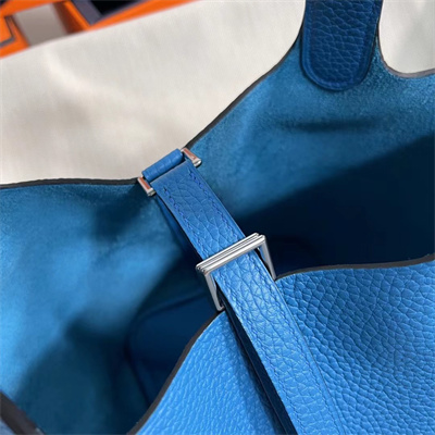 Picotin Lock Bag Togo Leather 18/22CM Gold/Silver Tone Metal In Bleu Zanzibar Color HS