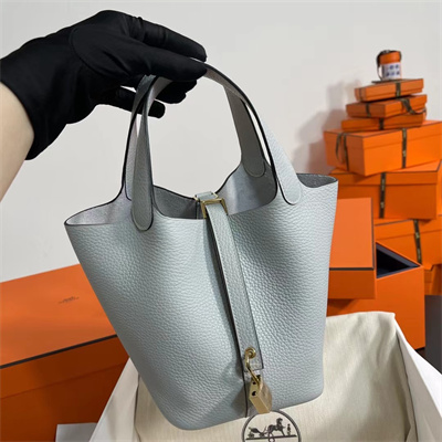 Picotin Lock Bag Togo Leather 18/22CM Gold/Silver Tone Metal In Blue Brume Color HS