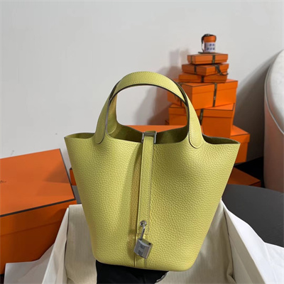 Picotin Lock Bag Togo Leather 18/22CM Gold/Silver Tone Metal In Jaune Poussin Color HS