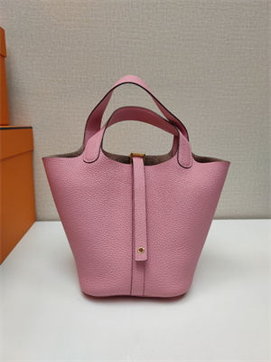 Picotin Lock Bag Togo Leather 18/22CM Gold/Silver Tone Metal In Pink Color HS