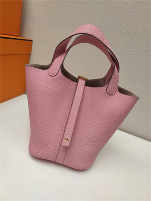 Picotin Lock Bag Togo Leather 18/22CM Gold/Silver Tone Metal In Pink Color HS