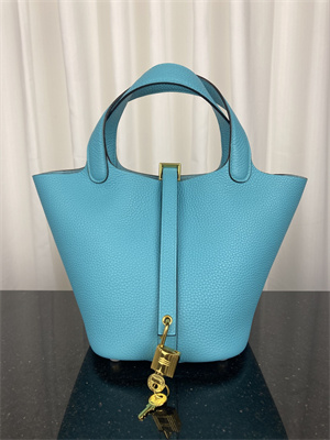 Picotin Lock Bag Taurillon Clemence Leather 18/22CM Gold/Silver Tone Metal In Bleu Du Nord Color HS