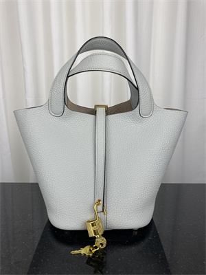 Picotin Lock Bag Taurillon Clemence Leather 18/22CM Gold/Silver Tone Metal In Bleu Glacier Color HS
