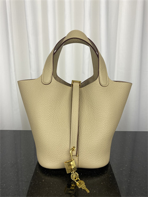 Picotin Lock Bag Taurillon Clemence Leather 18/22CM Gold/Silver Tone Metal In Trench Color HS