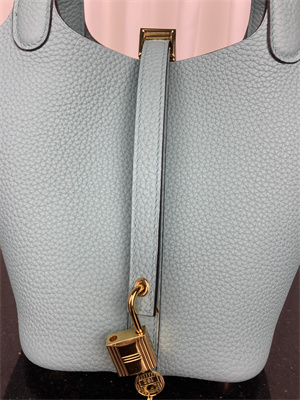 Picotin Lock Bag Taurillon Clemence Leather 18/22CM Gold/Silver Tone Metal In Blue Atoll Color HS