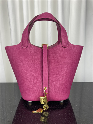 Picotin Lock Bag Taurillon Clemence Leather 18/22CM Gold/Silver Tone Metal In Rose Purple Color HS