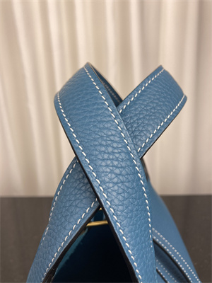 Picotin Lock Bag Taurillon Clemence Leather 18/22CM Gold/Silver Tone Metal In Blue Jean Color HS