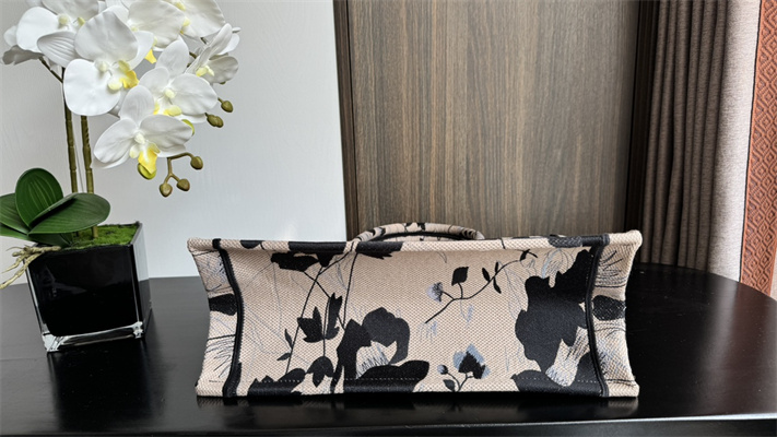 CD Medium Book Tote Beige and Black Fleurs Mystiques Embroidery