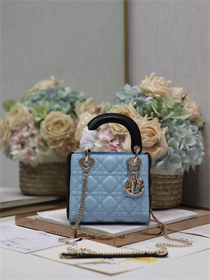 CD Mini Lady Dior Bag Two Tones Cannage Lambskin Gold Tone Metal Blue and Black