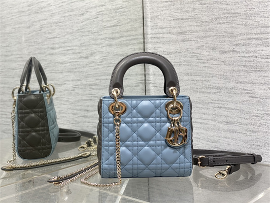 CD Mini Lady Dior Bag Two Tones Cannage Lambskin Gold Tone Metal Blue and Grey