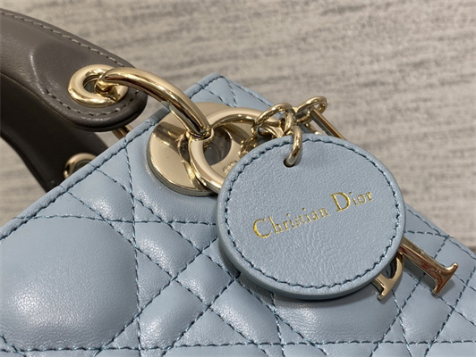 CD Mini Lady Dior Bag Two Tones Cannage Lambskin Gold Tone Metal Blue and Grey