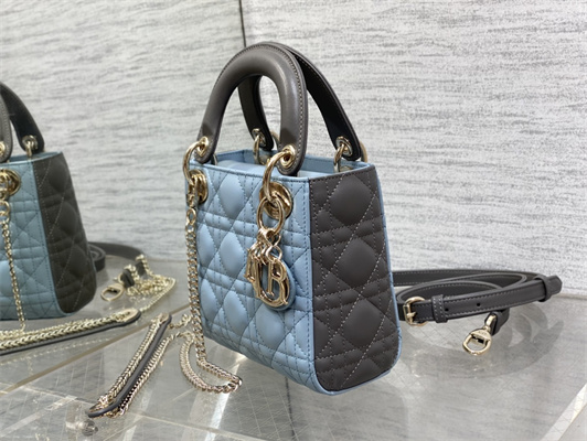CD Mini Lady Dior Bag Two Tones Cannage Lambskin Gold Tone Metal Blue and Grey