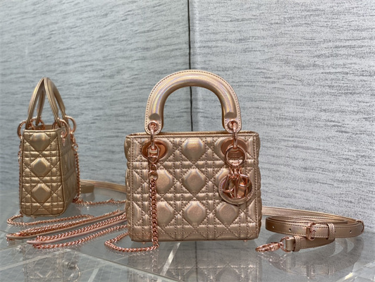 CD Mini Lady Dior Bag Cannage Lambskin Iridescent Metallic Rose Gold Tone