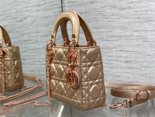 CD Mini Lady Dior Bag Cannage Lambskin Iridescent Metallic Rose Gold Tone