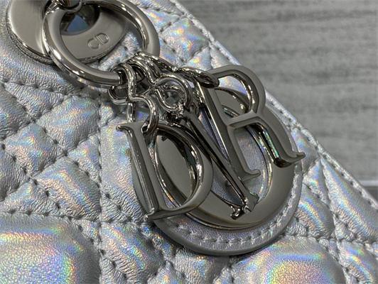 CD Mini Lady Dior Bag Cannage Lambskin Iridescent Metallic Silver Tone