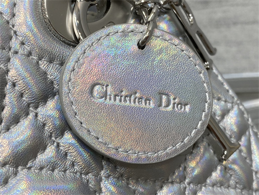 CD Mini Lady Dior Bag Cannage Lambskin Iridescent Metallic Silver Tone