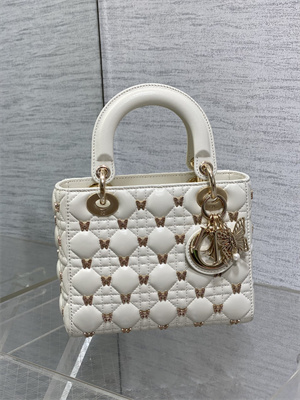 CD Small Lady Di.or Bag Cannage Lambskin With Gold Finish Butterfly Studs White