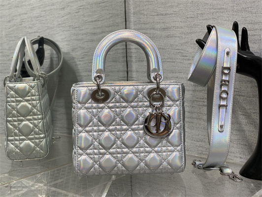 CD Small Lady Di.or My ABCDior Bag Cannage Lambskin Iridescent Metallic Silver Tone