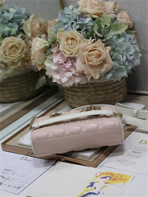 CD Small Lady D-Joy Bag Two Tones Cannage Lambskin Gold Tone Metal Pink and Latte