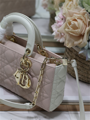CD Medium Lady D-Joy Bag Two Tones Cannage Lambskin Gold Tone Metal Pink and Latte