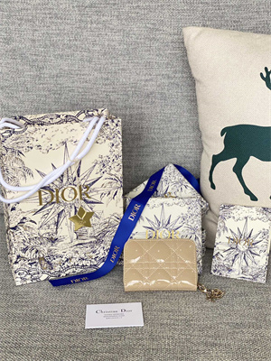 CD  Voyageur Small Coin Purse Supple Cannage Patent Calfskin Beige S0985