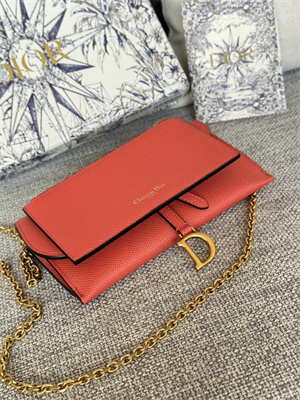 CD Long Saddle Wallet With Chain Grained Calfskin Orange Red