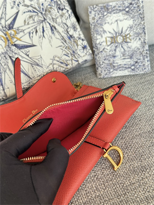 CD Long Saddle Wallet With Chain Grained Calfskin Orange Red