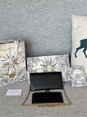 CD Long Saddle Wallet With Chain Grained Calfskin Black