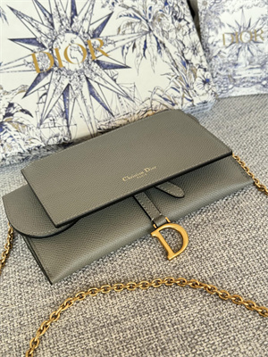 CD Long Saddle Wallet With Chain Grained Calfskin Grey