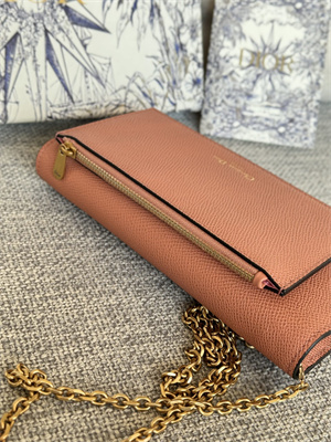 CD Long Saddle Wallet With Chain Grained Calfskin Brown