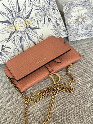 CD Long Saddle Wallet With Chain Grained Calfskin Brown