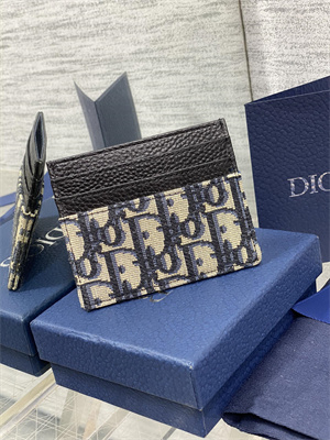 CD  Card Holder Black Grained Calfskin and Blue Dior Oblique Jacquard