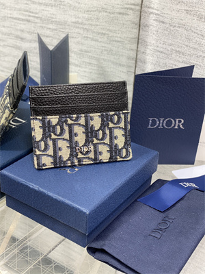 CD  Card Holder Black Grained Calfskin and Blue Dior Oblique Jacquard