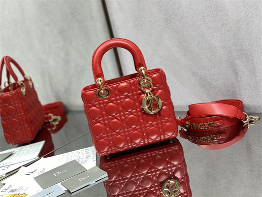 CD Small Lady Di.or My ABCDior Bag Cannage Lambskin Gold Tone Metal Red