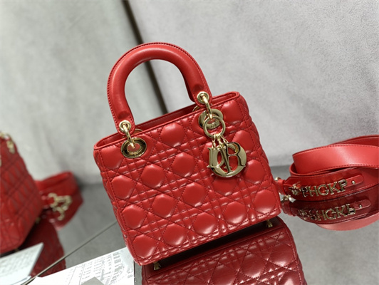 CD Small Lady Di.or My ABCDior Bag Cannage Lambskin Gold Tone Metal Red