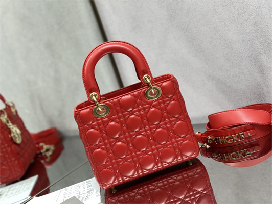 CD Small Lady Di.or My ABCDior Bag Cannage Lambskin Gold Tone Metal Red