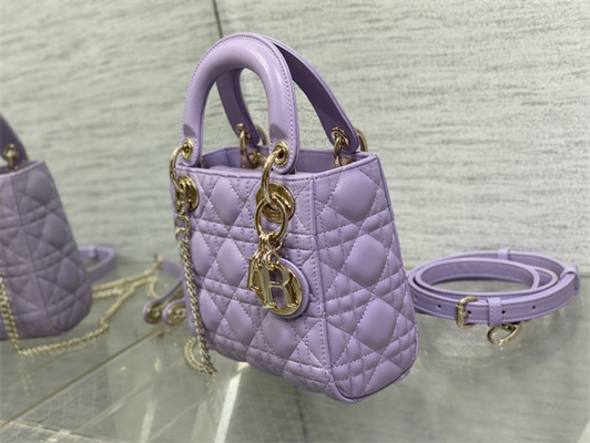CD Mini Lady Dior Bag Cannage Lambskin Gold Tone Metal Lt Purple