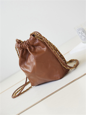 Cha.nel 22 Mini Handbag Shiny Calfskin Gold Tone Metal Tan AS3980