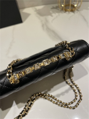Cha.nel Wallet On Chain Rhinestone Lambskin Gold-Tone Metal Black AP3796