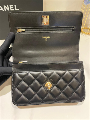 Cha.nel Wallet On Chain Rhinestone Lambskin Gold-Tone Metal Black AP3796