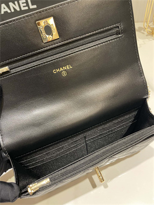 Cha.nel Wallet On Chain Rhinestone Lambskin Gold-Tone Metal Black AP3796